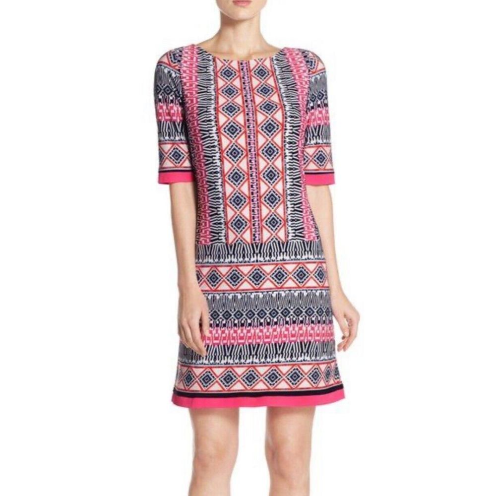 Eliza J Geometric Pink Mixed Polyester Spandex Short Sleeve Shift Dress Size 14